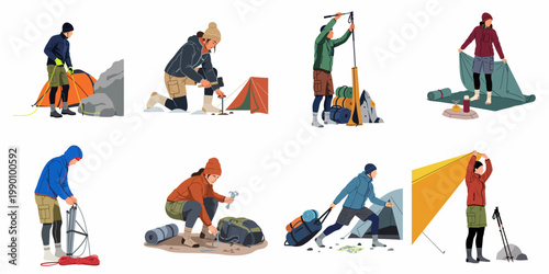 Set of illustrations depicting various people setting up camp, hiking, and preparing for outdoor adventures in the wilderness.