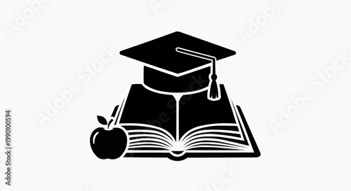 Graduation cap on an open book with an apple beside it, educational theme