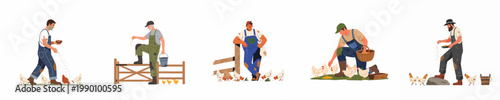 Set of flat vector illustrations featuring male farmers in overalls feeding chickens and chicks, showcasing agricultural labor and livestock care.