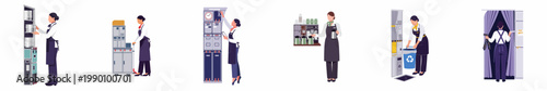 Fotografia Flat illustration set of flight attendants performing various duties in an airplane galley, including serving food, making coffee, and managing waste
