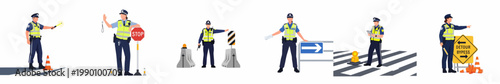 Set of flat vector illustrations featuring male and female traffic police officers regulating road traffic with stop signs, batons, and barriers.