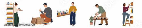 Set of flat illustrations depicting people working in small businesses, managing inventory, arranging products, and packing orders in local shops and craft studios.