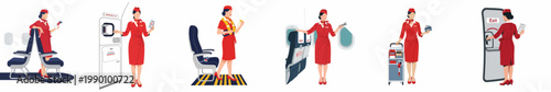 Set of flat illustrations featuring a professional female flight attendant in red uniform demonstrating safety procedures and providing cabin services on an airplane.