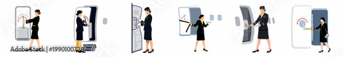 Sequence of illustrations showing a flight attendant operating an airplane door, including arming and opening procedures in professional uniform.