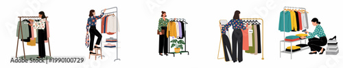 Set of vector illustrations depicting women managing a clothing boutique, organizing garment racks, checking price tags, and styling apparel in a shop or closet.