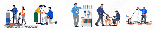 Flat vector illustration set of people using, shopping for, and repairing various types of vacuum cleaners in different professional and home settings.