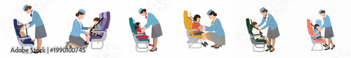 Collection of flat illustrations showing a flight attendant assisting young children with their seatbelts on an airplane for travel safety.