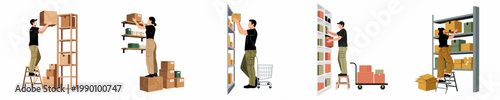 Set of Illustrations Featuring Diverse Warehouse Workers Organizing Inventory Boxes on Various Shelves and Racks in a Distribution Center