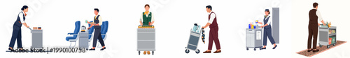 Set of flat vector illustrations showing airline cabin crew members in uniforms serving food and drinks with service trolleys on a plane.
