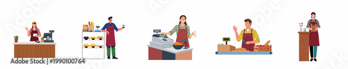 Flat Vector Illustration of Various Retail and Service Industry Workers Including Cashiers, Bakers, and Servers at Their Workplaces