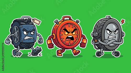 Cartoon Tire and Clock Characters Displaying Anger and Aggression.