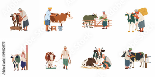 Vector illustration set of Indian farmers engaged in various dairy farming activities such as feeding, grooming, and caring for their cows on white background.