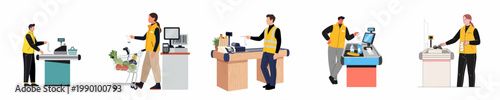 Set of flat illustrations showing supermarket cashiers and retail staff working at checkout counters with groceries and equipment.