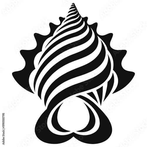 Black and white illustration of a seashell with a spiral design