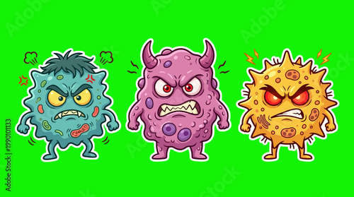 Cartoonish Angry Germs with Spikes and Horns on Green Background.