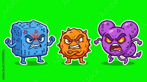 Cartoonish Angry Germs and Viruses with Aggressive Facial Expressions.