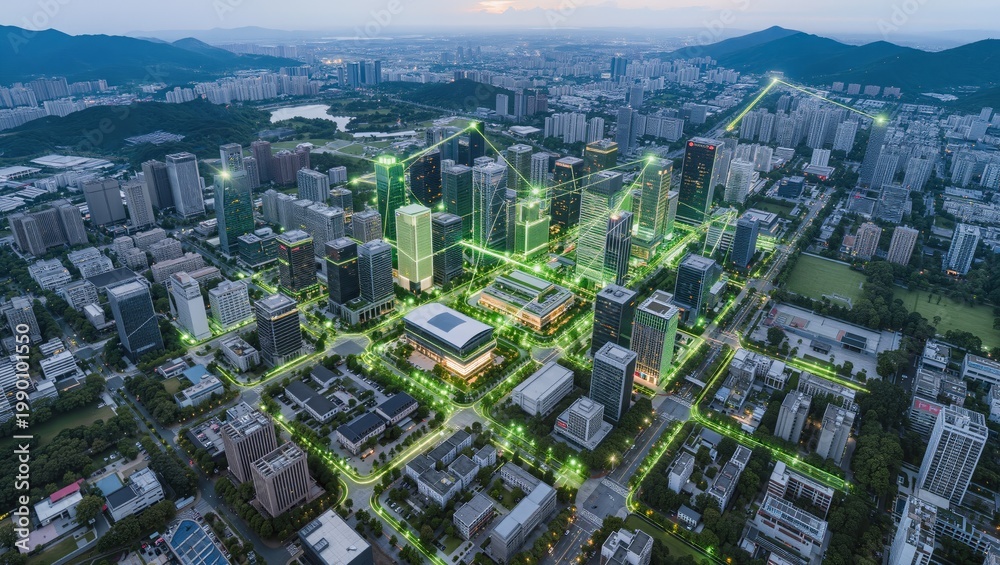 Fototapeta premium Smart Green City Network with Ecological Data Connections