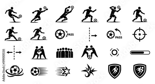 Dynamic collection of soccer icons, showcasing action and gameplay elements in black and white, featuring players kicking, passing, and defending, along with supporting symbols