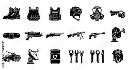 Monochrome military equipment collection, featuring combat boots, bulletproof vests, helmets, gas masks, firearms, ammunition belt, satellite dish, armored vehicle, and various