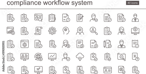 Compliance Workflow System Icon Set Outline Style with Regulatory Management Audit Security Verification and Business Process Tools for Apps