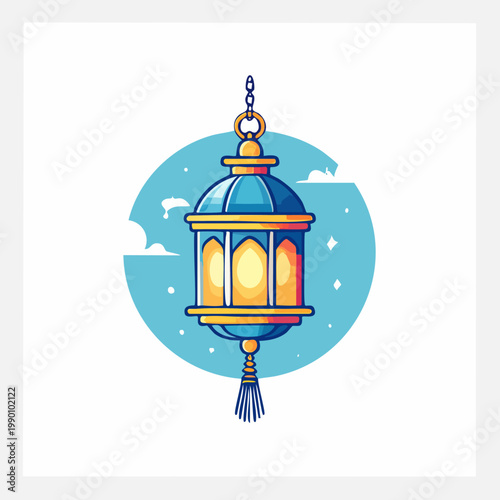 A colorful traditional Islamic lantern illustration with a blue sky background.