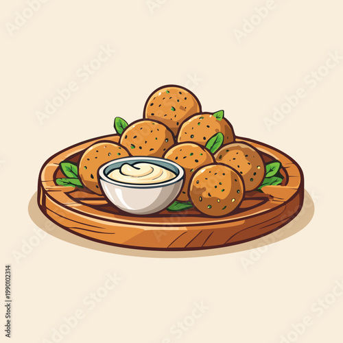 Delicious fried falafel balls served on a wooden plate with a creamy dipping sauce.