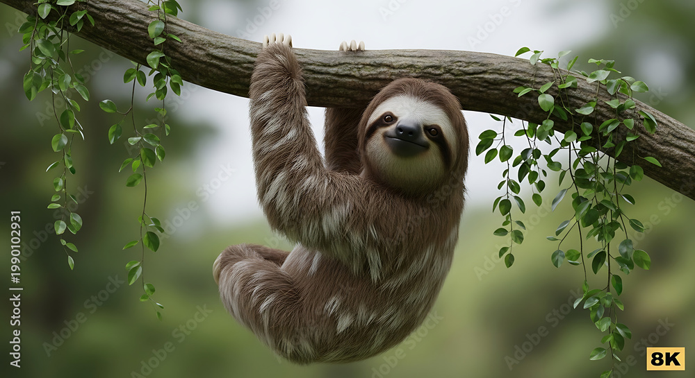 Obraz premium Adorable sloth hanging from a tree branch in a lush green forest, slow-moving mammal, peaceful wildlife, jungle habitat, natural environment, cute animal
