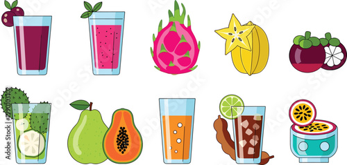 Exotic Tropical Fruit Juice and Smoothie Vector Icon Set Featuring Dragon Fruit Starfruit Mangosteen Soursop Papaya and Tamarind Drinks for Healthy Cafe Menus