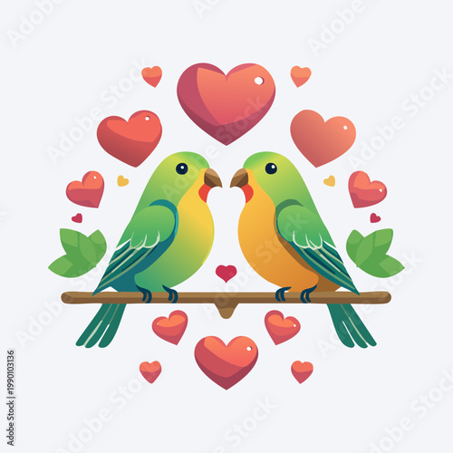 Two colorful lovebirds sitting on a branch surrounded by many hearts and leaves, symbolizing affection and romance.