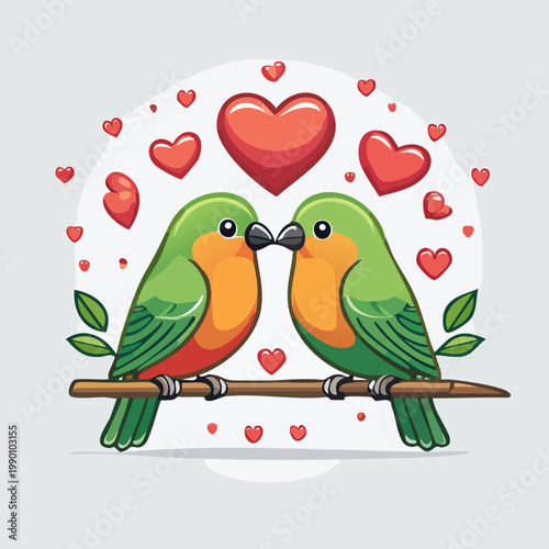 Cute cartoon lovebirds perched on a branch surrounded by red hearts, symbolizing affection and romance.