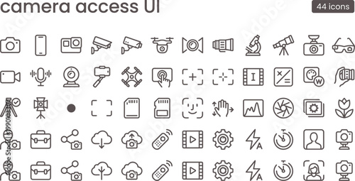 Camera Access UI Icon Set Outline Style with Permissions Surveillance Devices Security Monitoring and Interface Controls for Apps
