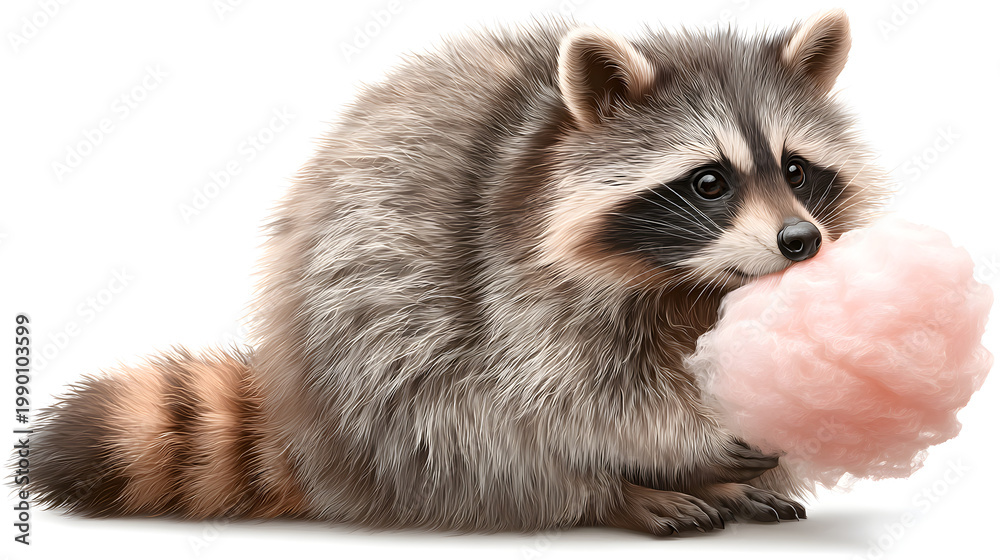 Fototapeta premium A front view close up of a raccoon and a fox, two wild mammals with brown fur isolated on a white background as young vertebrate animals in nature