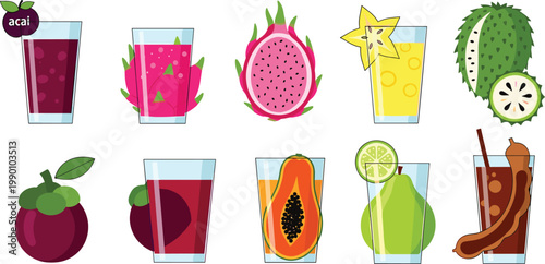 Exotic Tropical Fruit Juice Vector Illustration Set Featuring Acai, Dragon Fruit, Starfruit, Soursop, Mangosteen, Papaya, Guava, and Tamarind Drinks for Healthy Organic Menus
