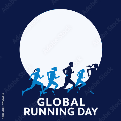 Minimalist global running day poster featuring runner silhouettes in front of a world globe on dark blue background with bold typography text