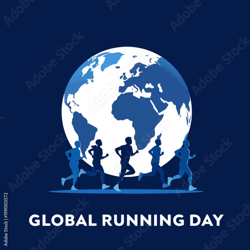 Minimalist global running day poster featuring runner silhouettes in front of a world globe on dark blue background with bold typography text