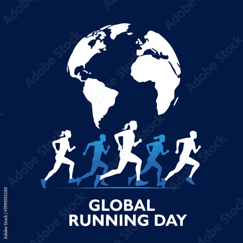 Minimalist global running day poster featuring runner silhouettes in front of a world globe on dark blue background with bold typography text