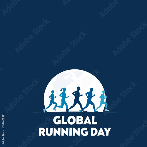 Minimalist global running day poster featuring runner silhouettes in front of a world globe on dark blue background with bold typography text
