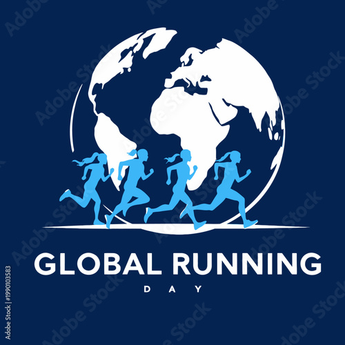 Minimalist global running day poster featuring runner silhouettes in front of a world globe on dark blue background with bold typography text
