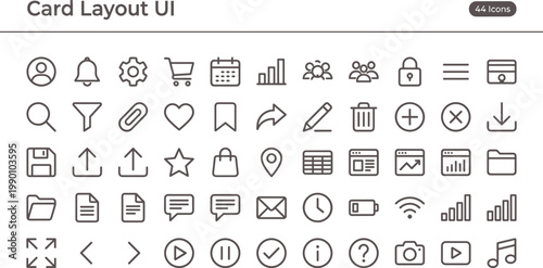 Card Layout UI Icon Set Outline Style with Interface Controls Navigation Elements and Content Management Tools for Apps