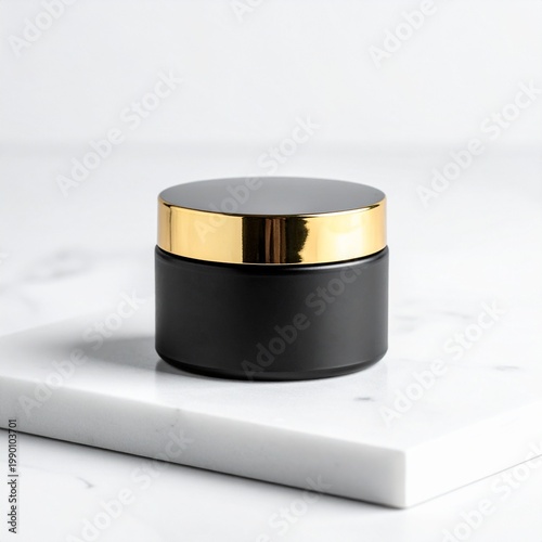 Black matte cosmetic jar with a reflective gold lid, luxury skincare packaging mockup on a marble surface for beauty branding