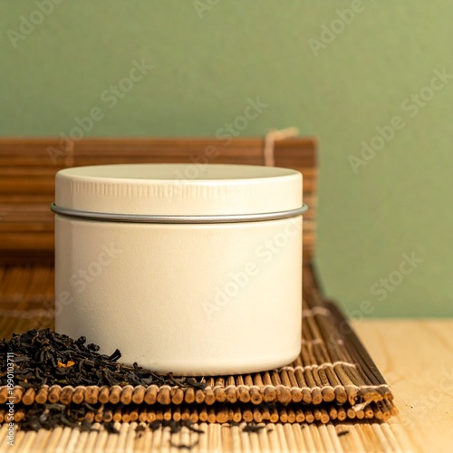 Blank beige tea tin on bamboo mat with loose dry tea leaves, organic herbal beverage packaging, tea ceremony aesthetic, wellness and spa lifestyle