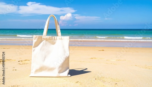 Blank white canvas tote bag standing on sandy beach, tropical ocean background for eco friendly shopping or vacation travel lifestyle branding