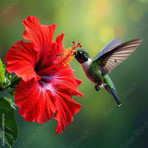 Hummingbird hovering and feeding on a vibrant red hibiscus flower, nature photography, wildlife habitat, spring garden atmosphere, pollination and ecosystem