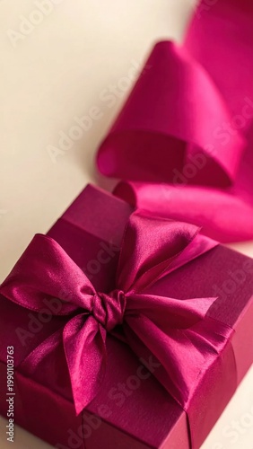 Wrapped magenta gift box with shiny silk ribbon bow, elegant celebration, birthday surprise, holiday season, christmas present, romantic gift, festive texture