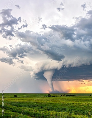 Dramatic supercell thunderstorm with a funnel cloud touching down over a green rural landscape, extreme weather, tornado chase, natural disaster