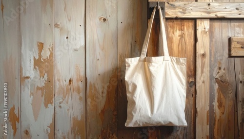 Blank cream canvas tote bag hanging on rustic distressed wooden door, sustainable eco-friendly shopping accessory, mockup template for design branding