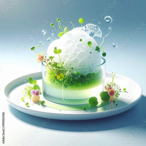molecular gastronomy dessert with green herb foam and edible flowers in glass bowl, fine dining plating, culinary science, fresh botanical elements