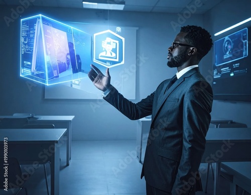 Businessman interacting with holographic data interface in dark office, cyber security analysis, futuristic technology, virtual reality visualization