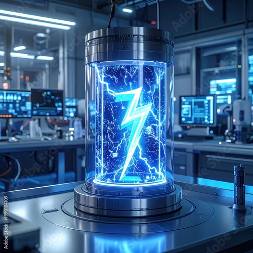 Futuristic energy containment cylinder with glowing blue electric lightning bolt, advanced physics laboratory experiment, power generation, high voltage technology