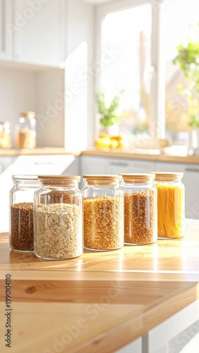 Glass jars with various grains and legumes on wooden kitchen countertop, sustainable pantry organization, bulk food storage, zero waste healthy lifestyle